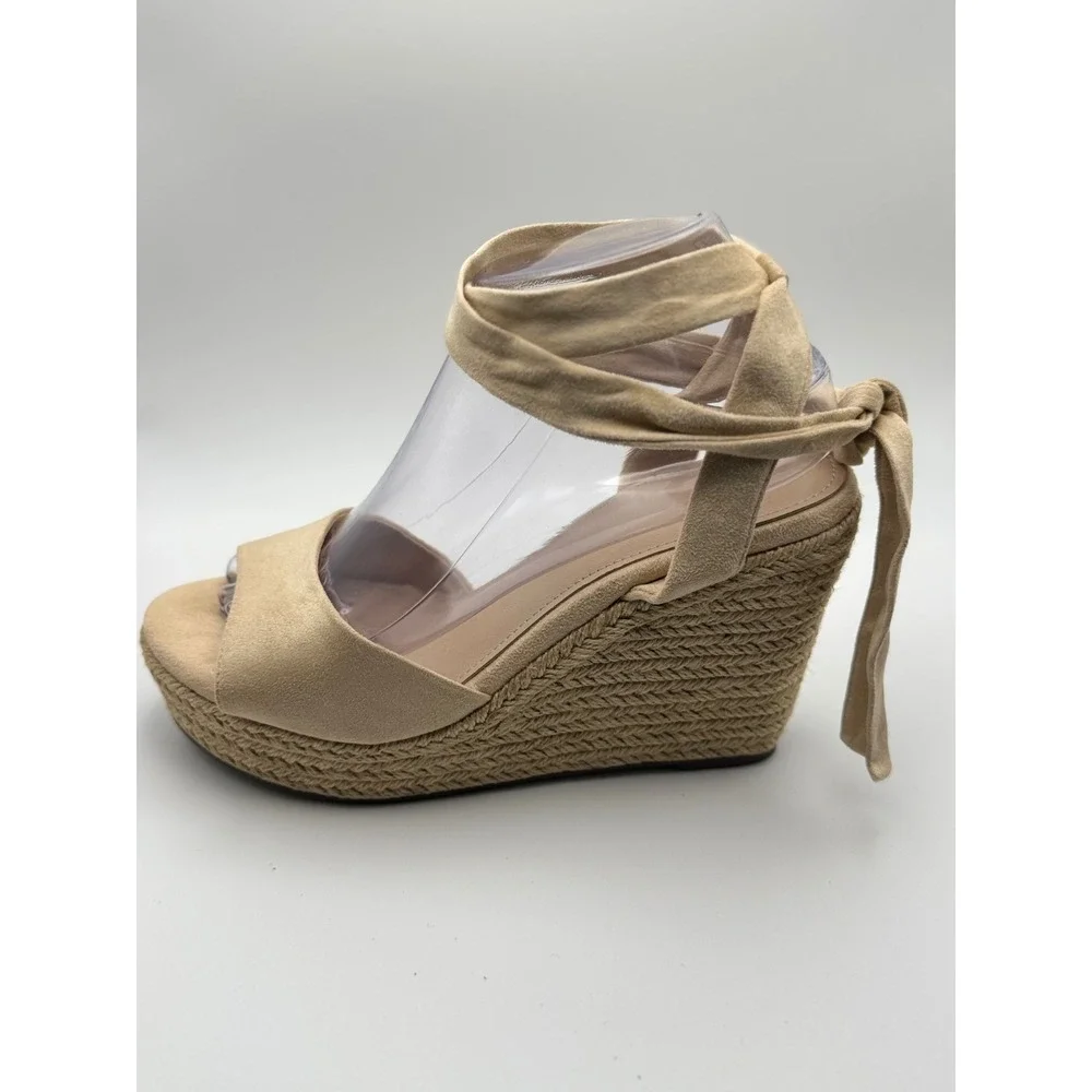ZBY Womens Tan Faux Suede Lace Up Espadrille Wedge Sandals Size 8 Open Toe Boho